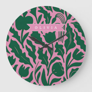 Personalized Bold Pink Botanical Floral Name Gift Large Clock