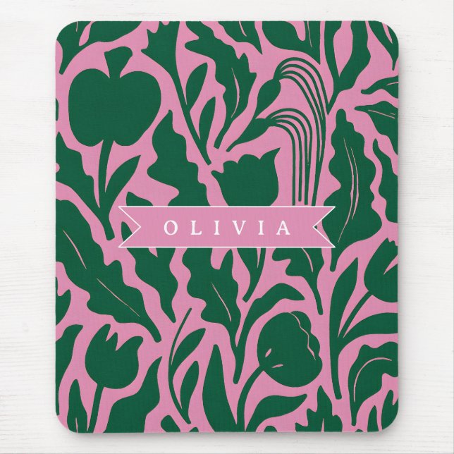 Personalized Bold Pink Botanical Floral Name Gift Mouse Mat (Front)