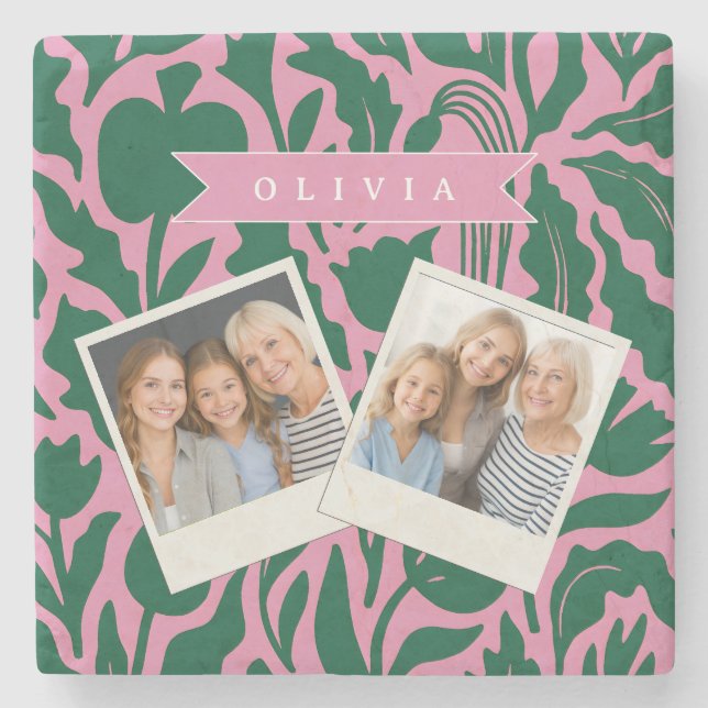 Personalized Bold Pink Botanical Floral Name Gift Stone Coaster (Front)