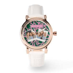 Personalized Bold Pink Botanical Floral Name Gift Watch