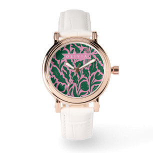 Personalized Bold Pink Botanical Floral Name Gift Watch