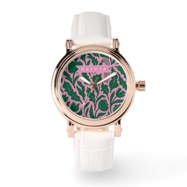 Personalized Bold Pink Botanical Floral Name Gift Watch (Front)