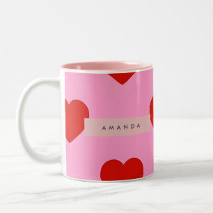 Personalized Bold Red Hearts on Soft Pink Two-Tone Coffee Mug