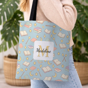 Personalized Bookish Girly Blue Cute Magic Name Tote Bag