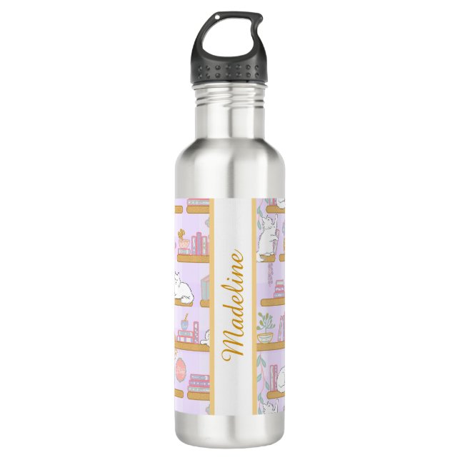 Personalized Bookish Girly Cat Library Name Purple 710 Ml Water Bottle (Front)