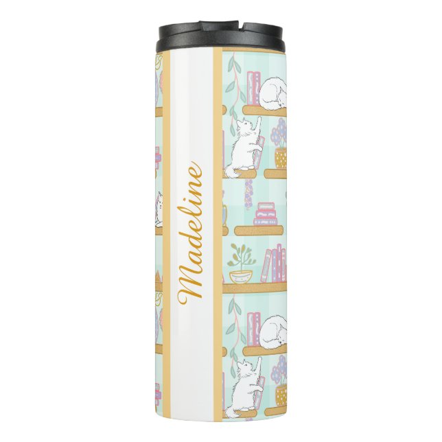 Personalized Bookish Girly Cute Cat Name Green Thermal Tumbler (Back)