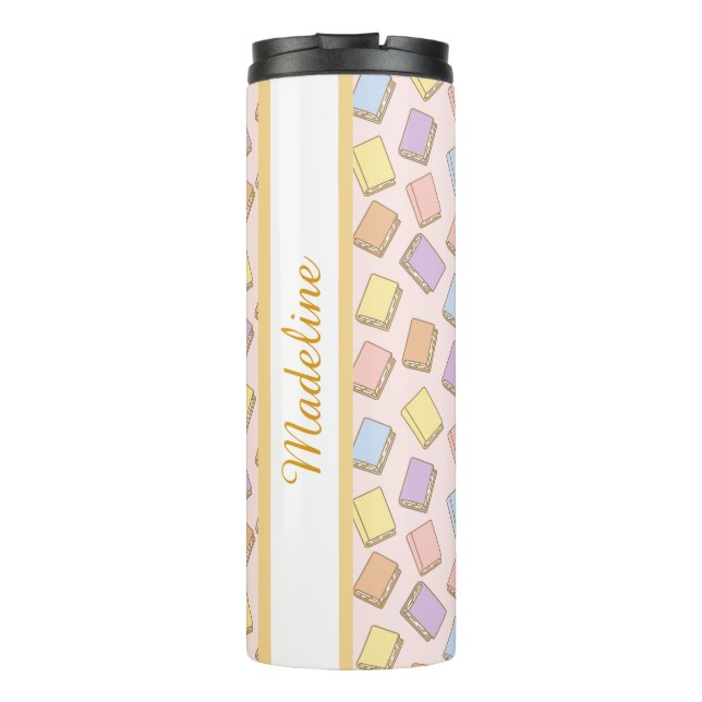 Personalized Bookish Girly Pink Book Cute Bow Name Thermal Tumbler (Back)