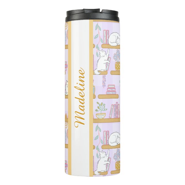 Personalized Bookish Girly Purple Cute Cat Name Thermal Tumbler (Back)