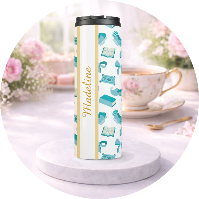 Personalized Bookish Girly Teal Cute Bow Name  Thermal Tumbler (Creator Uploaded)