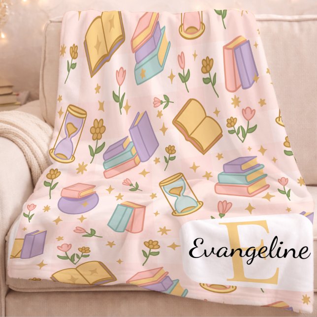 Personalized Bookish Magic Pastel Girl Name Pink Fleece Blanket (Creator Uploaded)