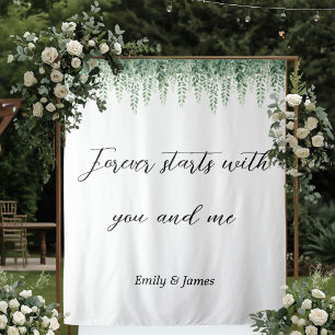 Personalized Botanical Greenery Wedding Backdrop Tapestry