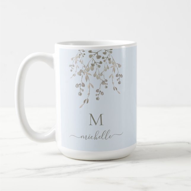 Personalized Botanical Watercolor Monogram Blue Coffee Mug (Left)