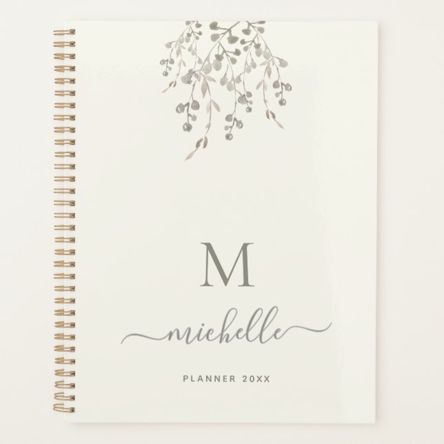 Personalized Botanical Watercolor Monogram Ivory Planner (Front)