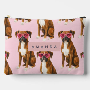 Personalized Boxer Dog with Pink Heart Glasses Accessory Pouch