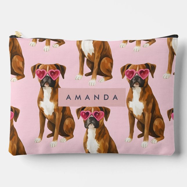 Personalized Boxer Dog with Pink Heart Glasses Accessory Pouch (Front)