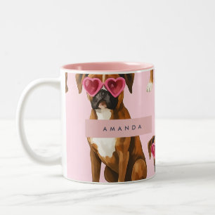 Personalized Boxer Dog with Pink Heart Glasses Two-Tone Coffee Mug