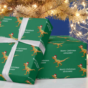Personalized Boy Name Christmas Dinosaur Raptor Wrapping Paper
