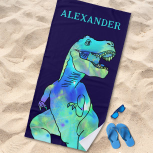 Personalized Boy Name Dinosaur Blue Beach Towel