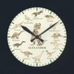 Personalized Boy Name Dinosaur Round Clock<br><div class="desc">Add your child’s name to this fun 12 Dinosaurs in with their dino names. The perfect educational design for the child who loves dinosaurs. This fun palaeontology clock includes all the prehistoric jurassic era favourites including T. rex or tyrannosaurus, velociraptors, brachiosaurus, brontosaurus, stegosaurus, the flying pterodactyl, triceratops, spinosaurus, ankylosaurus, plesiosaurs,...</div>