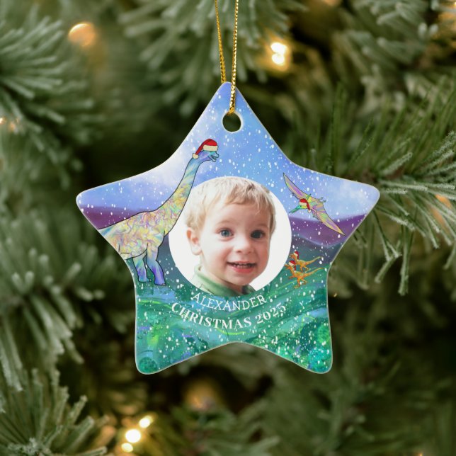 Personalized Boys Dinosaur Christmas Photo Ceramic Tree Decoration (Tree)
