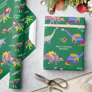 Personalized Boys Name Christmas Dinosaurs Wrapping Paper