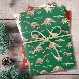Personalized Boys Name Cute Christmas Dinosaurs Wrapping Paper Sheet