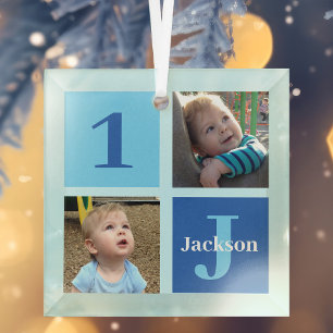 Personalized Boys Photo Collage Blue Christmas Glass Tree Decoration