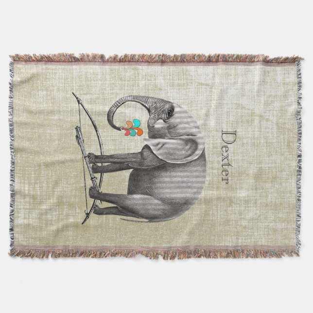 Personalized Boy's Room Vintage Elephant Throw Blanket (Front)