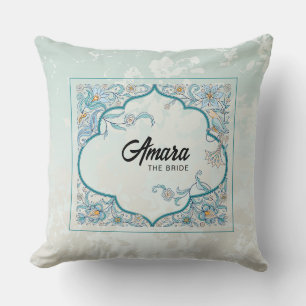 Personalized Bride Cushion Blue Arabesque Floral