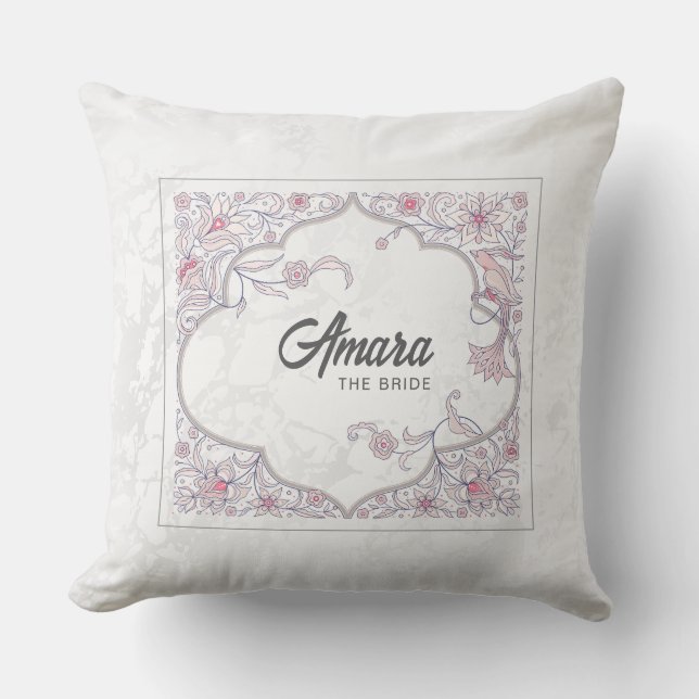 Personalized Bride Cushion | Pink Arabesque Floral (Front)