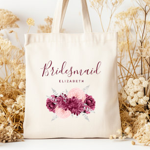 Personalized Bridesmaid Floral Burgundy Blush Tote Bag