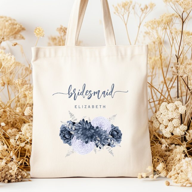 Personalized Bridesmaid Floral Dusty Blue Script Tote Bag (Creator Uploaded)