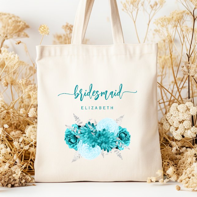 Personalized Bridesmaid Floral Turquoise Silver Tote Bag (Creator Uploaded)