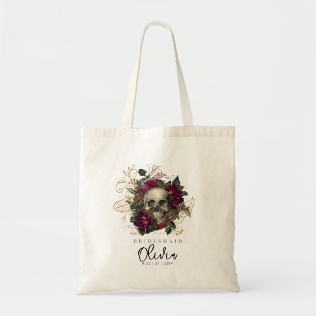 Personalized Bridesmaid Tote Gothic Skull Burgundy (Front)