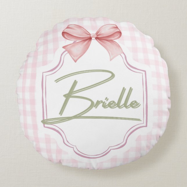 Personalized Brielle Baby Girl Nursery Bow&Gingham Round Cushion (Front)