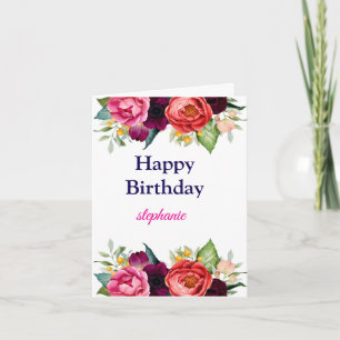 Personalized Bright Colored Pink Roses Birthday Card