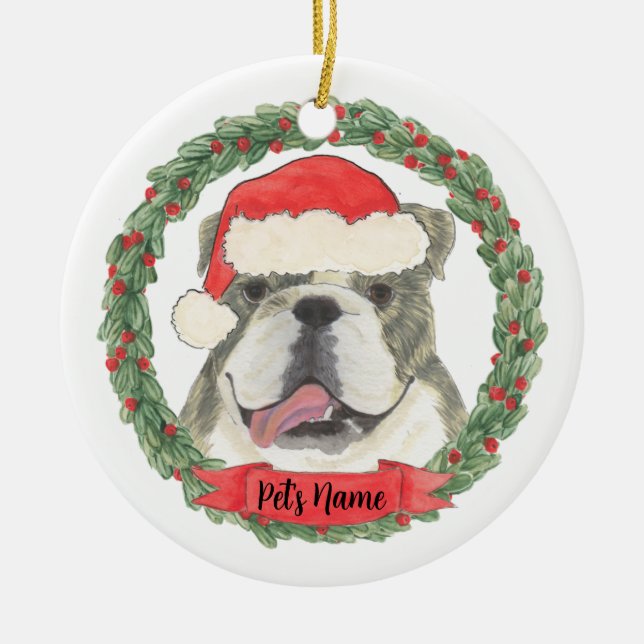 Personalized Brindle English Bulldog Ceramic Tree Decoration (Front)
