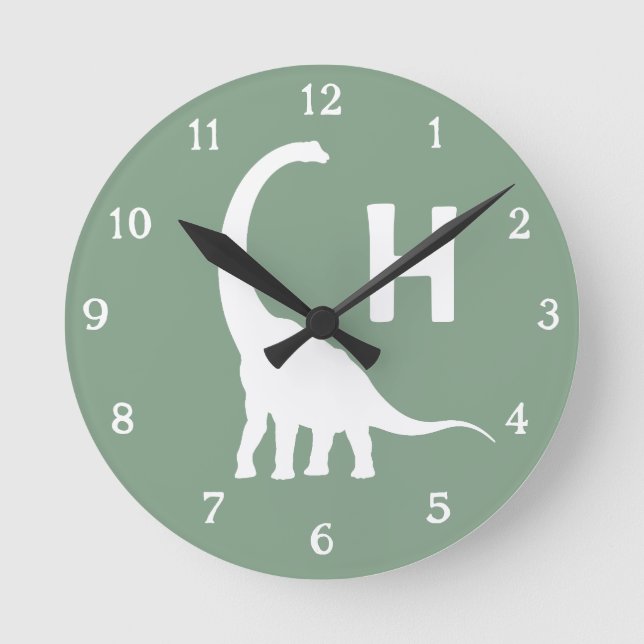 Personalized Brontosaurus Kids Wall Clock Sage Gre (Front)