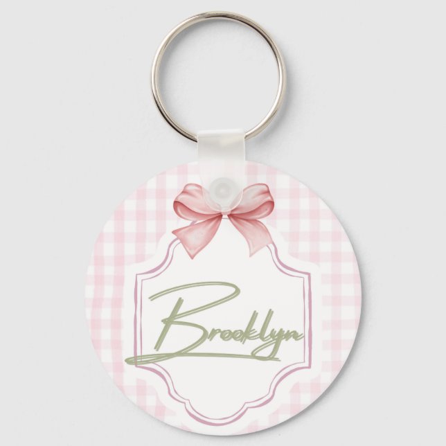 Personalized Brooklyn Baby Girl Nursery BowGingham Key Ring (Front)