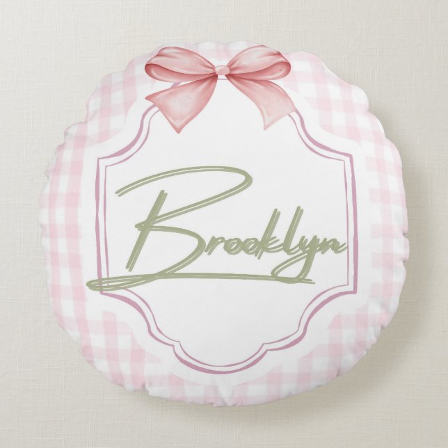 Personalized Brooklyn Baby Girl Nursery BowGingham Round Cushion (Front)