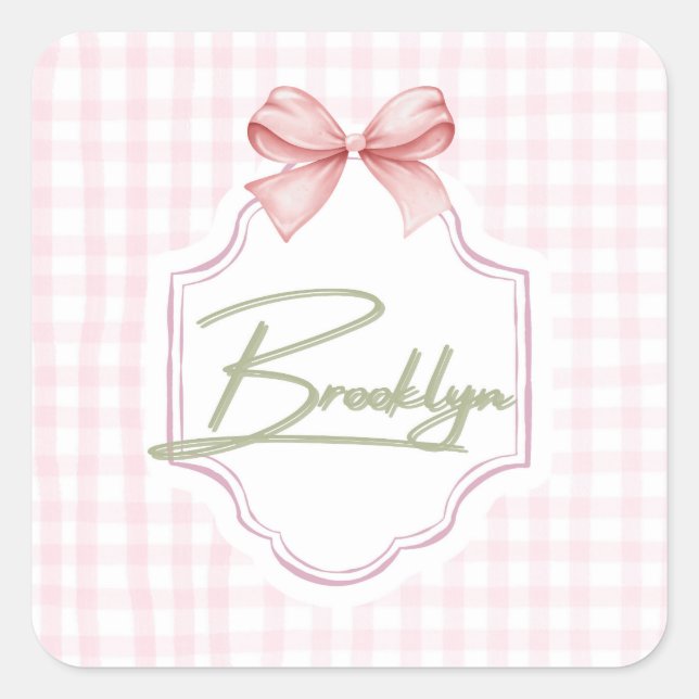 Personalized Brooklyn Baby Girl Nursery BowGingham Square Sticker (Front)