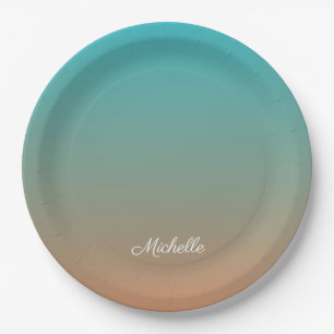 Personalized brown and blue ombre paper plate