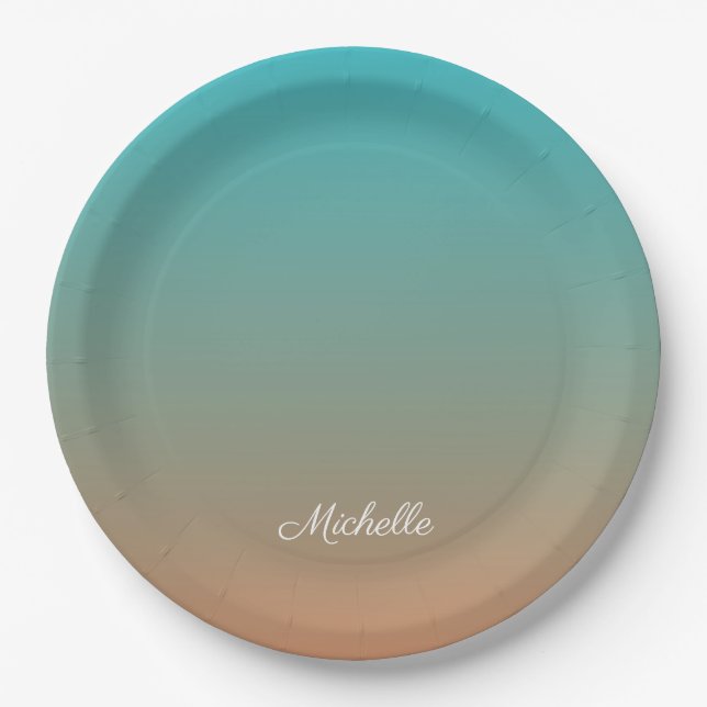 Personalized brown and blue ombre paper plate (Front)