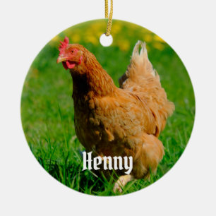 Personalized Brown Chicken in the grass Ceramic Tree Decoration