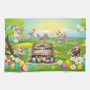 Personalized Bunny Family Picnic Tea Towel