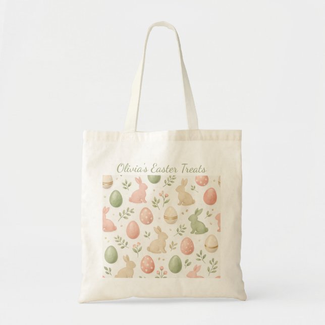 Personalized Bunny Watercolor Easter Egg Hunt Tote Bag (Front)