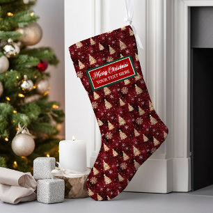 Personalized Burgundy and Gold Christmas Trees Large Christmas Stocking