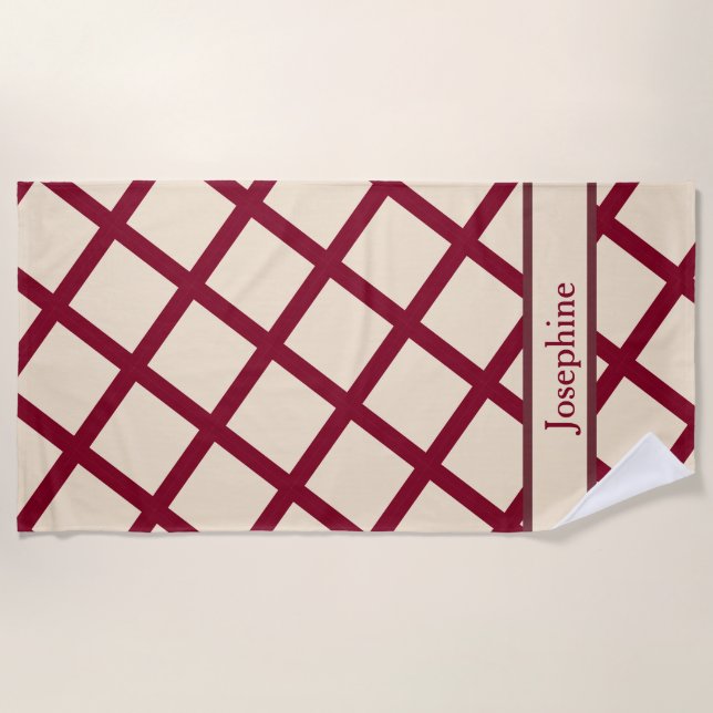 Personalized Burgundy Cream Lattice Elegant Chic Beach Towel (Front)