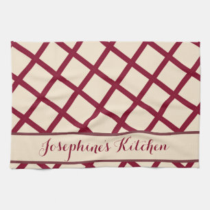 Personalized Burgundy Cream Lattice Elegant Chic Tea Towel