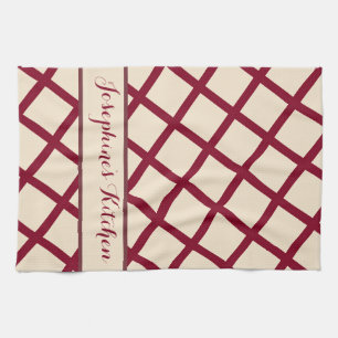 Personalized Burgundy Cream Lattice Elegant Chic Tea Towel